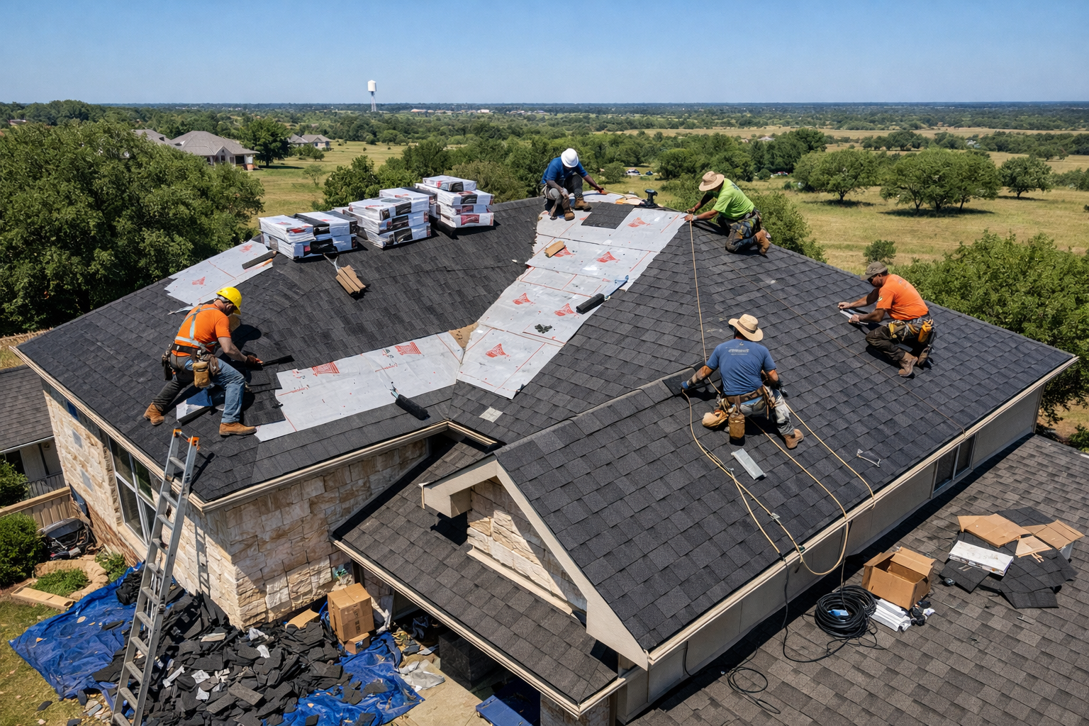 Drone view of professional roofing installation